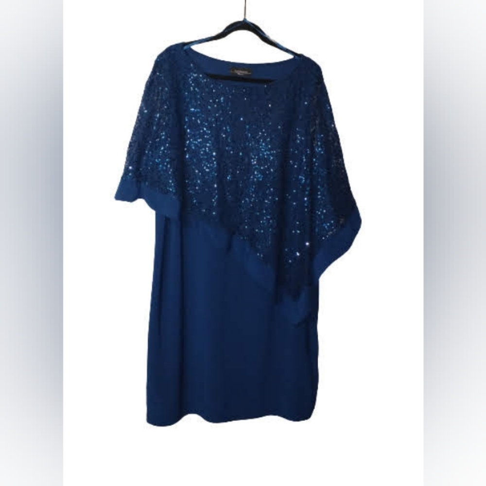 R&M Richards Woman Navy Blue Lace Sequined Over Lay Caplet/Poncho Dress - Picture 3 of 6